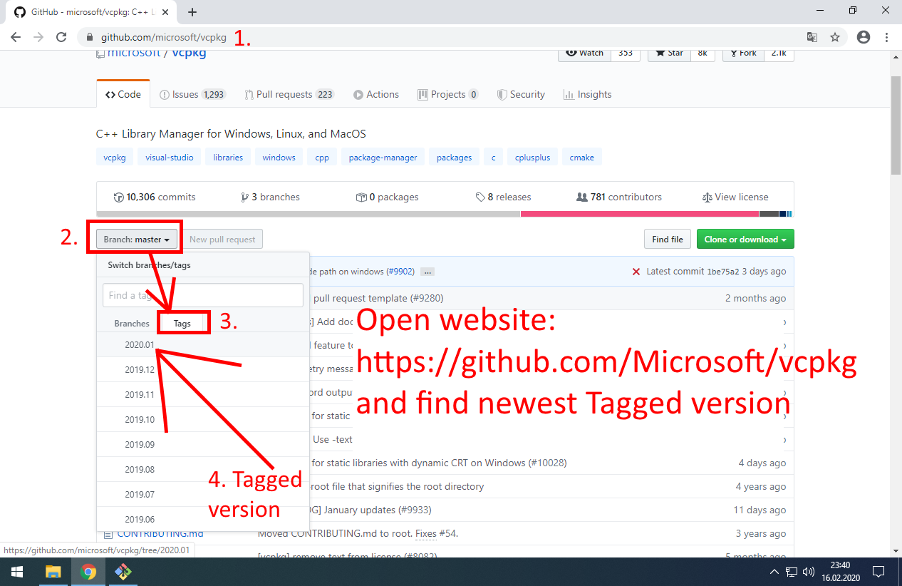 Open website:  https://github.com/Microsoft/vcpkg and find newest tagged version