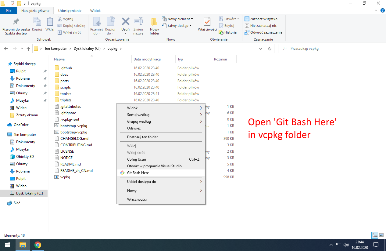 If you closed Git Bash console we opened at start, open it again in vcpkg folder.