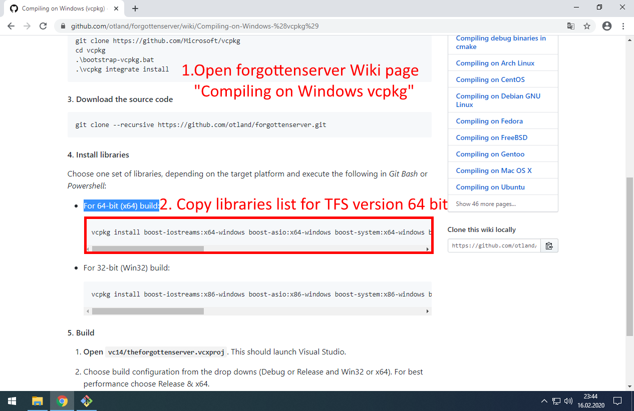 Copy current libraries list from official TFS wiki (for 64-bit):  https://github.com/otland/forgottenserver/wiki/Compiling-on-Windows-%28vcpkg%29 