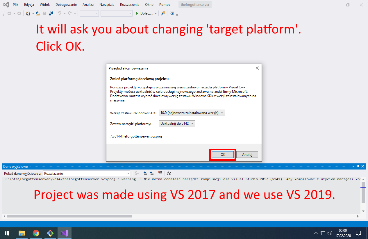 Click 'OK' when VS ask you about changing target platform.