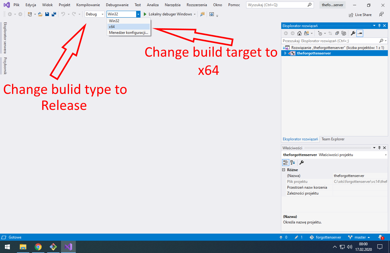 Change build type to Release and build target platform to x64. Previously we installed C++ libraries for 64-bit platform - we can compile only 64-bit version.