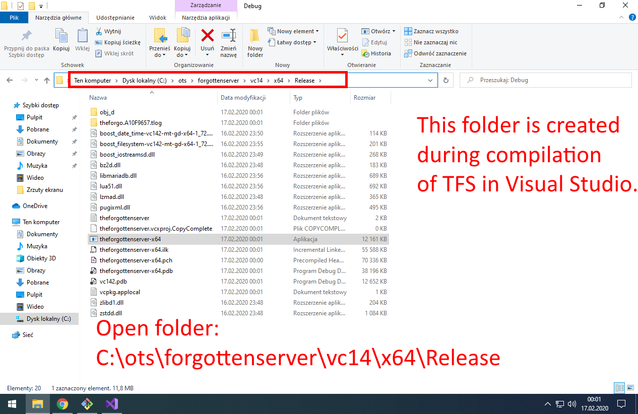 Open folder: C:\ots\forgottenserver\vc14\x64\Release