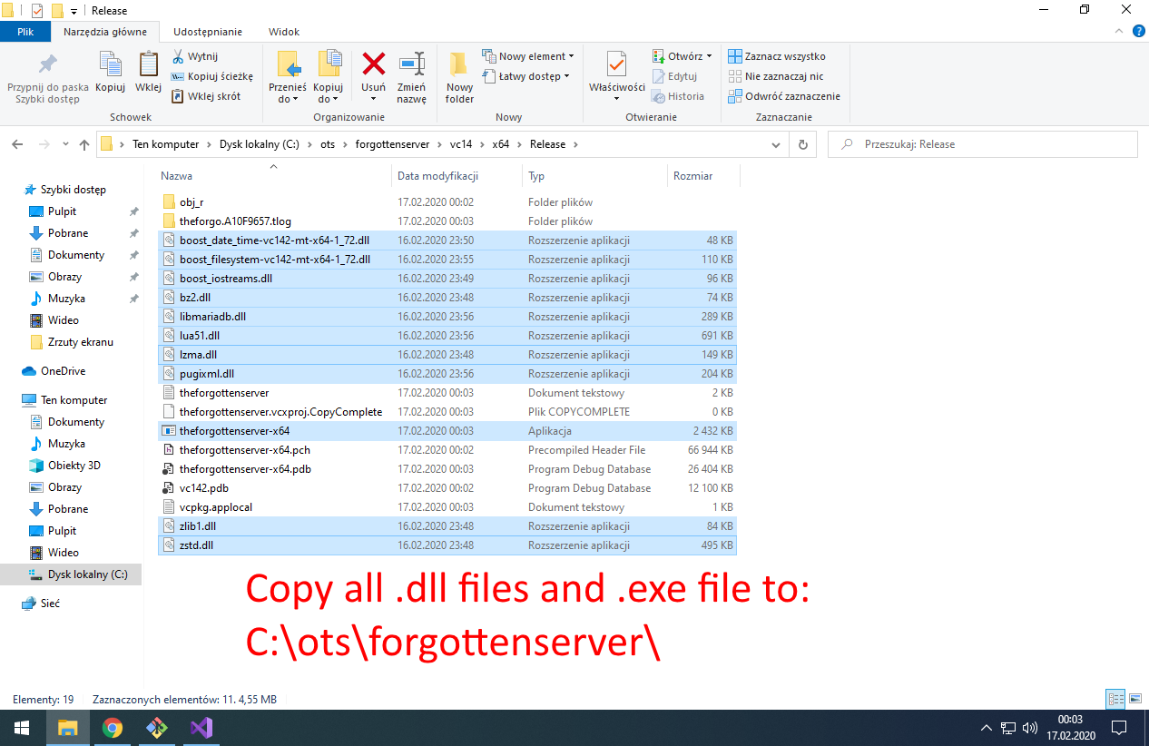 Copy all .dll files and .exe file to folder: C:\ots\forgottenserver\