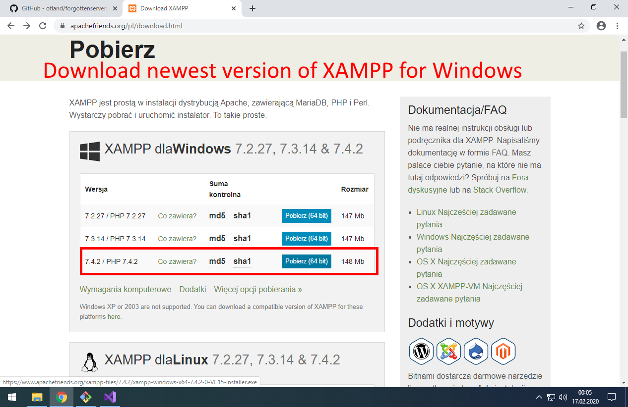 Download newest XAMPP for Windows.
