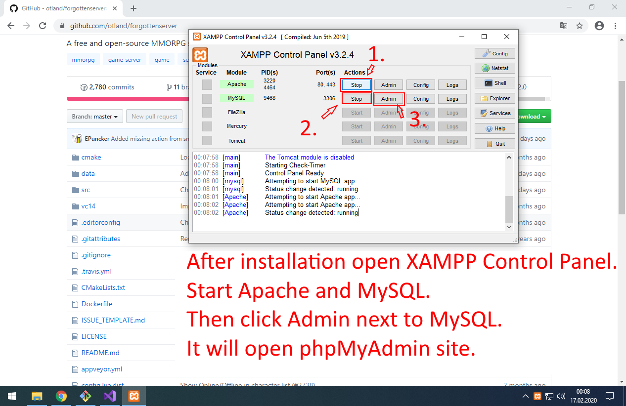 Start Apache, MySQL and open phpMyAdmin site (database administration site).