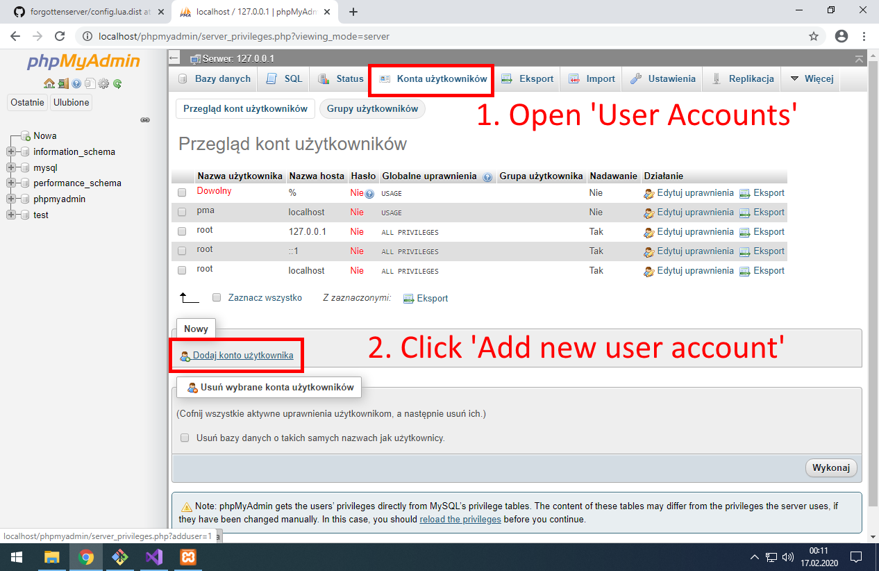 In phpMyAdmin open page with new user account configuration.