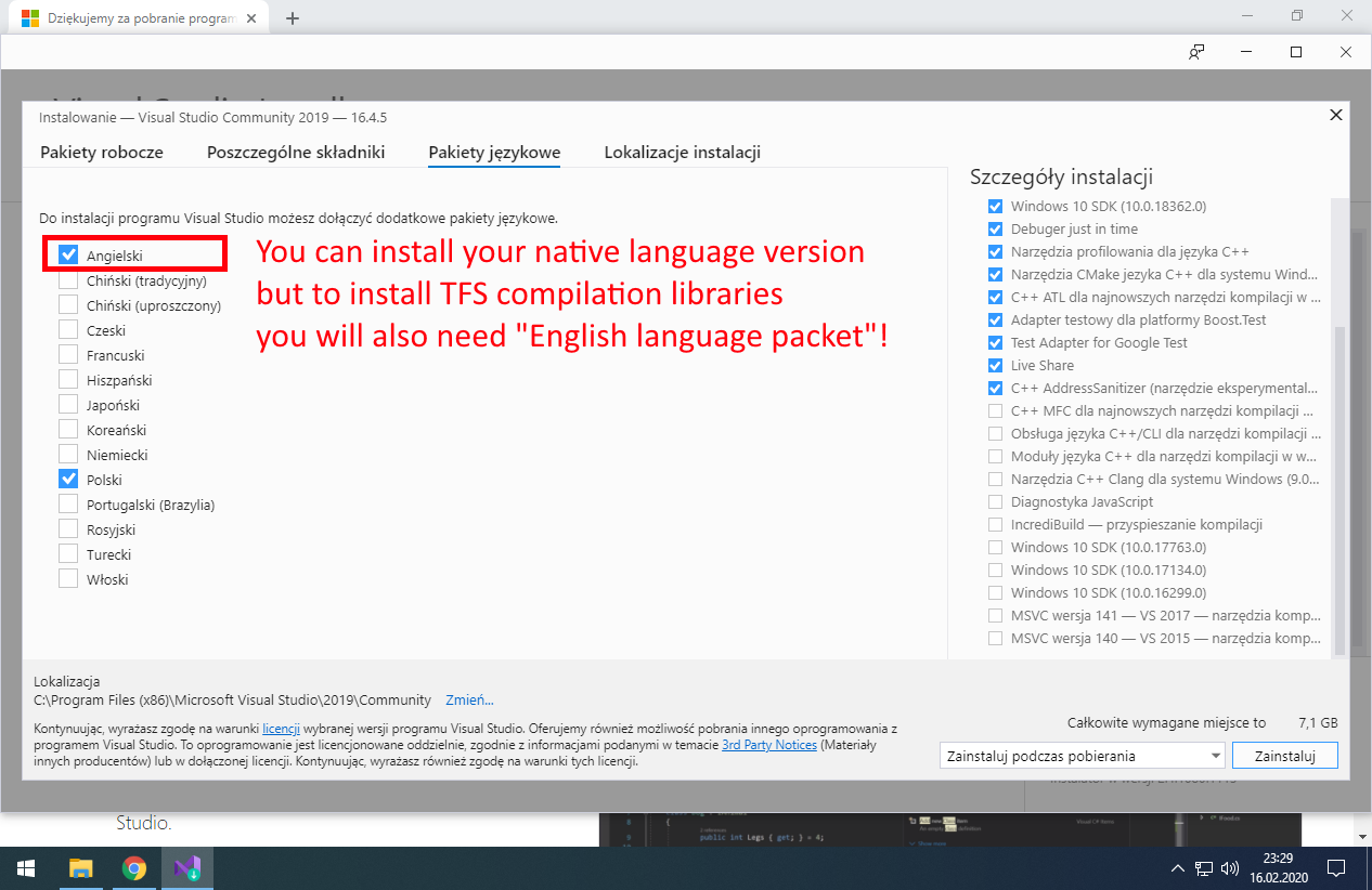 Select packet "English language". It's required to install TFS compilation libraries.